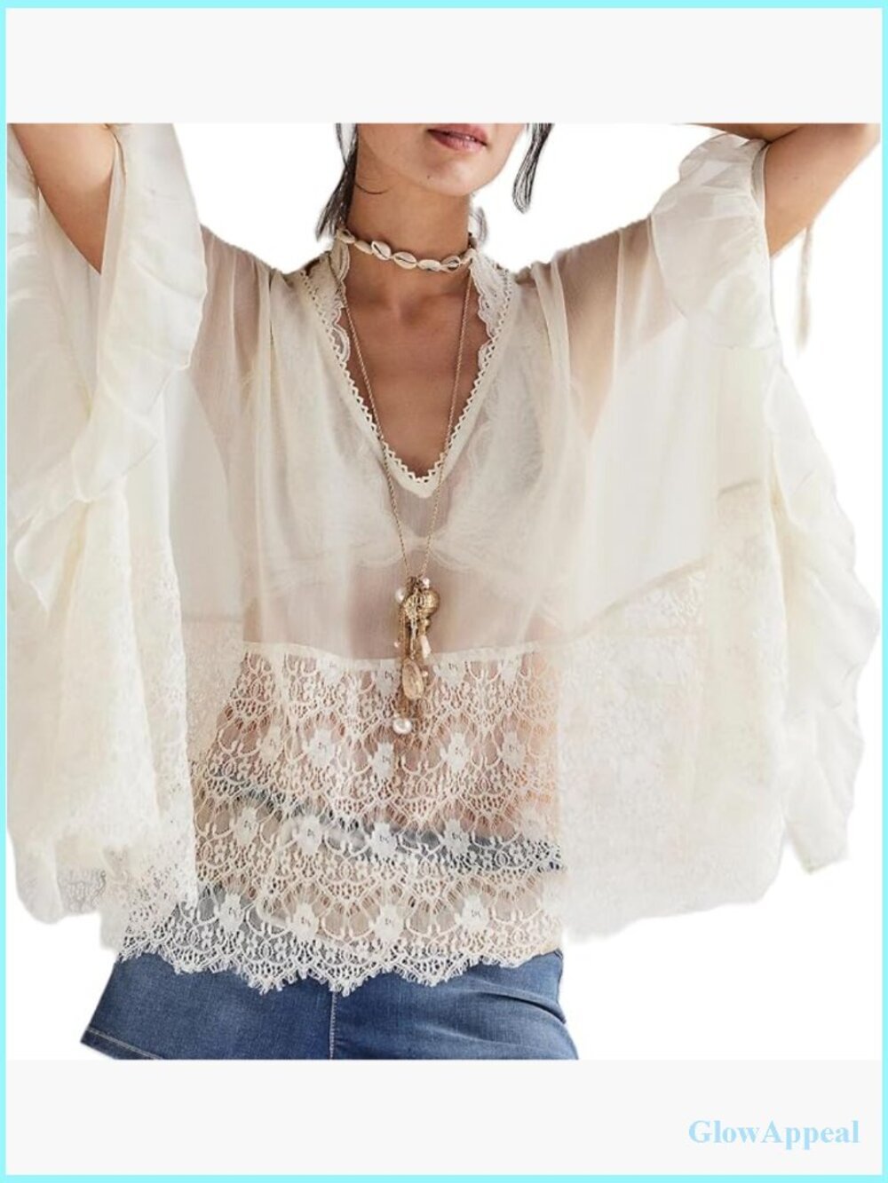 Sheer Mesh Lace Print Cover Up Top V Neck Long Sleeve Loose Fit Going Out